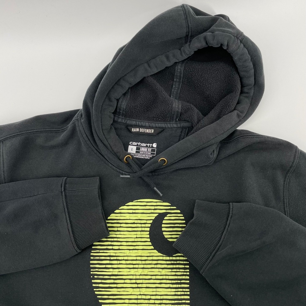 Carhartt Rain Defender Hoodie Mens Large Black Graphic Logo Sweatshirt Nice FADE